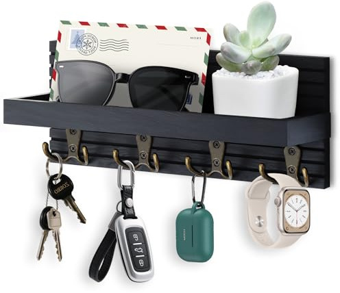 Votoko Schlüsselbrett mit Ablage, Schlüsselhalter Holz mit 4 Doppel Schlüsselhaken, Schlüsselregal Wand für Eingang, Mudroom, Flur, Schlafzimmer, Wohnzimmer(Schwarz)