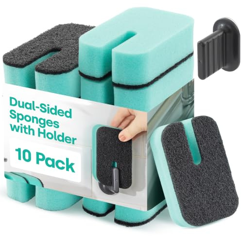 LIVIVO Pack of 10 Dual-Sided Washing Up Sponges with Holder - Durable Dish Buddy Cleaning Sponges with Kitchen Sponge Holder for Wall or Sink, Kitchen Sink Sponge Holder for Kitchen Sink Suction