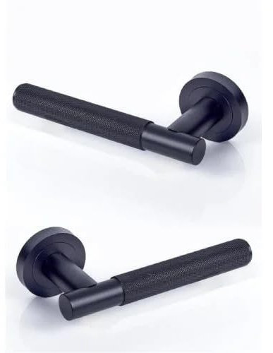 IRONZONE Marino Knurled Lever Door Handle – Matt Black | Modern Interior Door Handle on Rose | Textured Grip | Pair with Fixings | for Home & Office Use