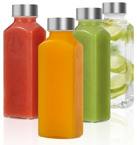 LIMILI Glass Bottles with Lids, Water Bottles with Stainless Steel Lids, Leak Proof Reusable for Hot Cold Drinks Work Gym Home (4pcs 350ML)
