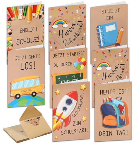 JULBEAR Einschulung Karten mit Umschlag, 16 Stück Aufklappbare Einschulung GrußKarten im A6 Format Klappkarte zum Schulanfang Grüße für das Schulkind Kindgerechte Glückwunschkarten Jungen Mädchen