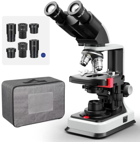 [Fuente de alimentación dual] Microscopio binocular compuesto de laboratorio Vabiooth Lab 40X-2500X aumento, etapa mecánica de dos capas, 20 mm de campo ultra ancho 10X 16X y 25X oculares, fuente de