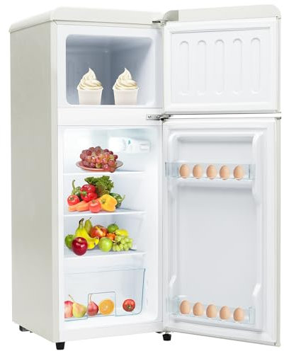 Merax Frigorifero retrò, piccolo frigorifero con congelatore, 96 l, con congelatore da 28 l, a due porte, 116 kWh/anno, -27 °C ~ 13 °C, luce LED, bianco