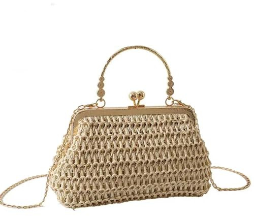 AAIXXIZAO Bolsa De Paja Bolso De Mano Tejido Cadena Bolso De Mano Femenino Cena Sencilla Hecho A Mano Casual Elegante Bolso De Noche Portátil Beige
