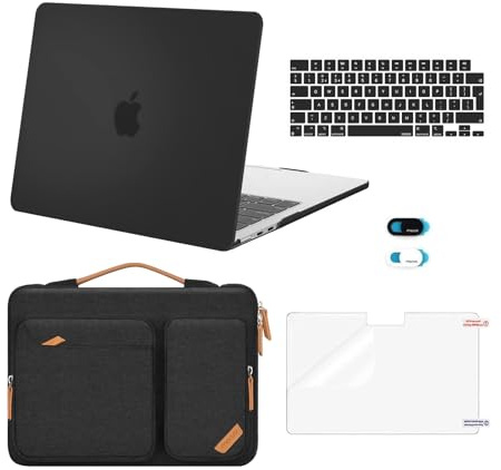 MOSISO Kompatibel mit MacBook Air 13 Zoll Hülle M5 M4 M3 M2 2026 2025-2022 | Hartschale& 360 Laptoptasche mit Beutel&Webcam-Abdeckung & Displayschutz für Mac Air 13,6 A3449 A3240 A3113 A2681, Schwarz