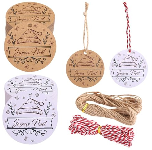 GWHOLE Etiquette Cadeau Noel Kraft 100 PCS Etiquette Joyeux Noel Rouge Blanc Étiquette Ronde avec Ficelle 20M pour Accessoire Emballage Cadeau de Noël