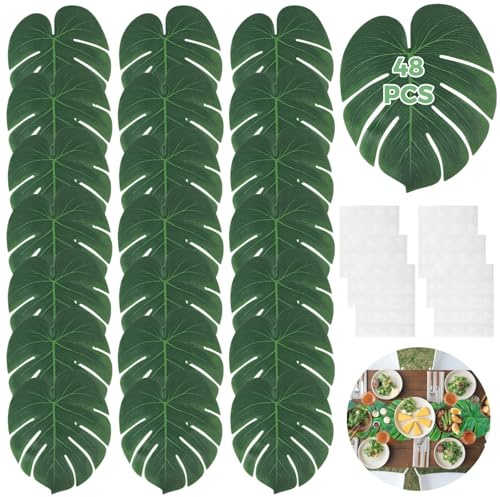 36 hojas de palma artificiales tropicales, hojas grandes de Monstera para caminos de mesa, decoración de fiesta hawaiana y selva