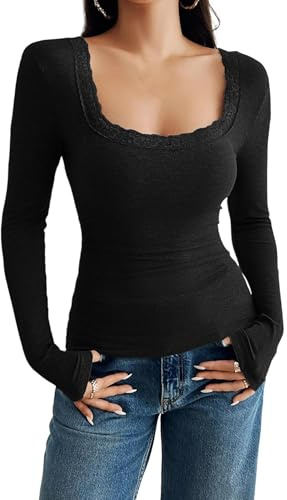Women Lace Long Sleeve Top Square Neck Basic Layering Blouses Streetwear | Y2k Lace Trim Square Neck Long Bell Sleeve Slim Fit Basic Crop Tops