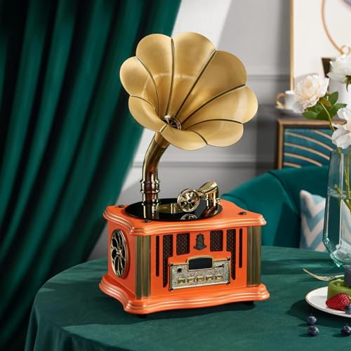 Gramophone Tourne-disque vinyle avec haut-parleurs intégrés, Bluetooth, AUX-IN, USB, FM, style classique pour les amateurs de musique vintage