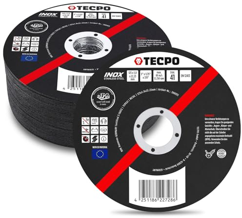 TECPO Trennscheibe Ø 125 mm Winkelschleifer Flexscheiben für Stahl, Metall und Edelstahl (INOX) 1.0 mm 22.23 mm Metalltrennscheibe Schleifscheiben Zubehör 25 Stück