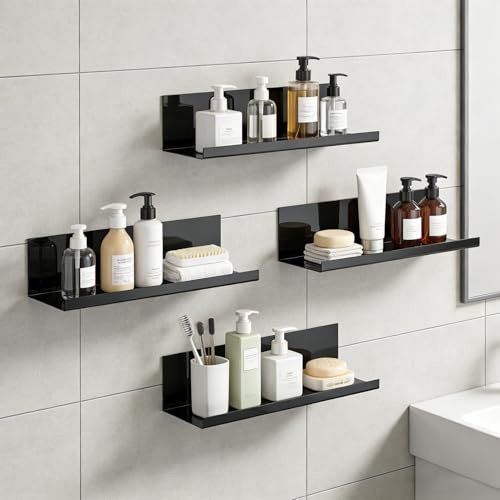 ALULU 4er-Set Schwarze Acryl-Wandregale 30 cm selbstklebend | ohne Bohren, Schweberegal für Wohnzimmer, Schlafzimmer, Badezimmer & Küche
