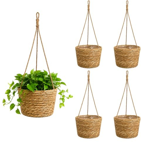 Bofanze 4 Piezas Maceta Colgante para Planta Exterior/Interior Cesta Tejida | 20 cm, macramé, para exterior e interior, para plantas de interior, el balcón y la cocina