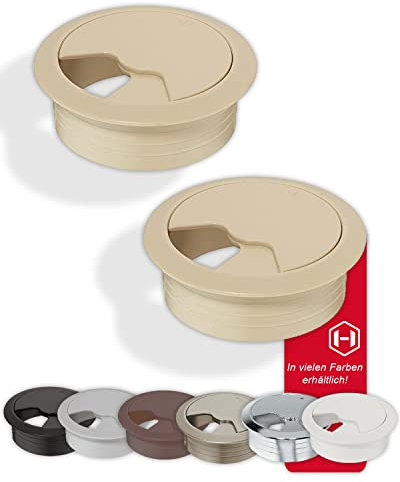 Gedotec Kabeldurchführung Schreibtisch aus stabilem ABS Kunststoff | 2 Stück runde Kabeldurchlässe 60mm | Entry | Kabeldose Beige matt | Kabelführung zum Eindrücken | kabelkanal Schreibtisch
