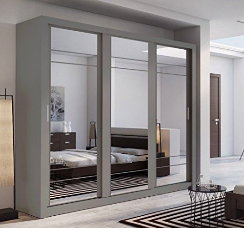 Arthauss Modern Bedroom Mirrored Sliding Door Wardrobe ARTI 2 in Elegant Grey 250cm - Flat Pack Mirrored Wardrobe with Hanging Rails and Spacious Drawers - Ideal for Compact Spaces