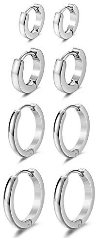 JewelryWe Schmuck 4 Paar Schmale CREOLEN, 7mm-14mm Edelstahl Glatte Ohrringe Huggie Ohr ManschetteOhrstecker mit Klapp-Verschluss für Herren Damen, Schwarz/Gold/Silber