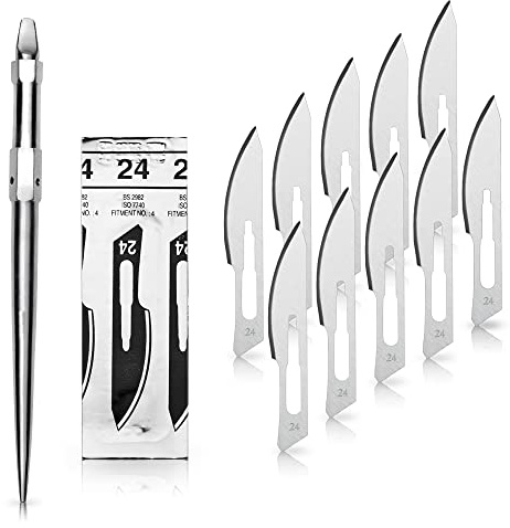 May 10x Skalpellklingen Fig. 24 & Universal-Halter Edelstahl | 10 sterile Skalpellklingen (Figur 24) inkl. robustem Universal-Halter. Ideal für den Modellbau