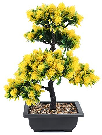 Künstlicher Bonsai Baum Kiefer im Brown Topf Plastik,Feng Shui Balkon Tisch Deko Pflanzen für Modern Schreibtisch Büro, Höhe: 40cm Klein,Gelb