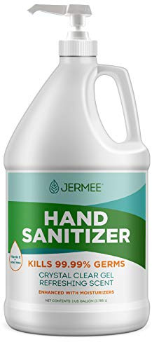 Jermee Moisturizing Hand Sanitizer Gel, 70% Alcohol - Kills 99.99% Germs, Enhanced with Vitamin E and Aloe Vera - Crystal Clear Gel, Refreshing Scent, Made in USA - 1 Gallon with Easy to Use Pump