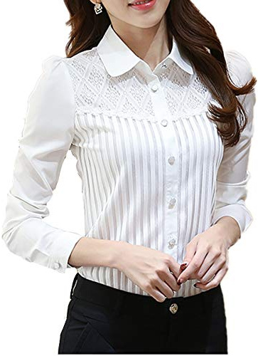 Taiduosheng Camicia da donna a maniche lunghe in pizzo con colletto rialzato con volant o con abbottonatura, Pizzo Vintage, M