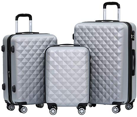 BEIBYE Zwillingsrollen 2066 Hartschale Trolley Koffer Reisekoffer Gepäck M-L-XL-Set (Silber, Set)