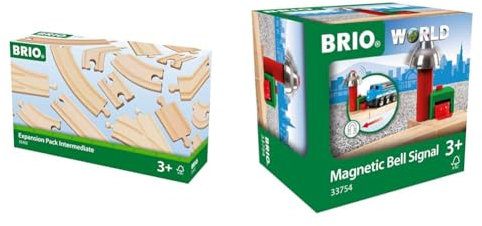 BRIO Bahn 33402 - Mittleres Schienensortiment & World 33754 Magnetisches Glockensignal – Eisenbahnzubehör Holzeisenbahn – Kleinkinderspielzeug empfohlen für Kinder ab 3 Jahren