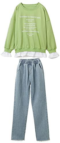 amropi Niña Jogging Chándales Rayas Sudadera y Pantalones 2 Piezas Conjunto de Ropa Verde Azul,13-14 años