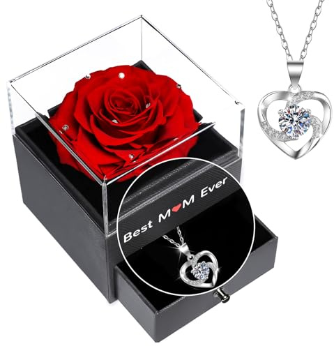 Preserved Rose Gifts for Mother’s Day,Birthday Mum,Yamonic Real with Necklace,Best Mum Ever Mothers day,Mother’s Birthday Gifts, from Daughter son,Mothers 2-red With Crystal