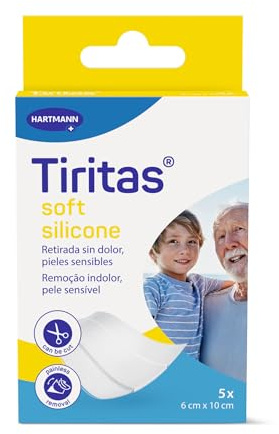 Tiritas Soft Silicone: Apósitos de color blanco con adhesivo siliconado; Indicadas para las pieles más sensibles y frágiles, Retirada indolora; 6x10cm; 5 unidades