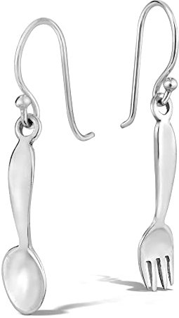 AeraVida Unique Culinary Spoon and Fork .925 Sterling Silver Dangle Earrings | Fork and Spoon Silver Earrings | Cutlery Earrings | Couple Earrings