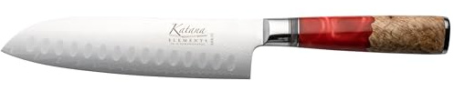 Katana Saya Elements 18 cm Santoku-kniv, vulkanröd – Högkolhaltigt VG-10 Damaskusstål för extrem hårdhet och skärpa – Handtag i naturligt olivträ och harts