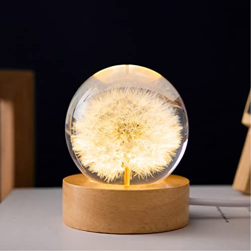 MARZIUS Luce notturna a sfera di cristallo a forma di fiore, lampada da notte a sfera in vetro da 6.1 cm con base Woodern, decorazioni regalo per uomini, donne, ragazze, adolescenti (tarassaco)