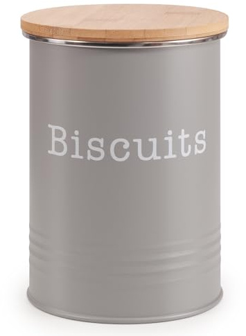 EHC Round Enamel Airtight Seal Cookie/Biscuit Kitchen Storage Canister Jar With Wooden Lid, Grey