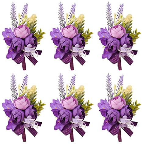 URROMA 6 Stück violette kleine Rosen, künstliche Hochzeitsblumen, Zubehör für Brautpaar, Trauzeugen, Hochzeitsblumen