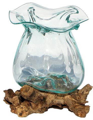 Geschenk Idee Dekoration Wohnung Gamal Wurzel Holz Glas Vase Teakholz Handarbeit Vase (Pott Lgl)
