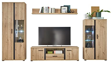 Home4You Wohnwand - Artisan Eiche Dekor - Schwarz - 4-teilig - mit LED-Beleuchtung