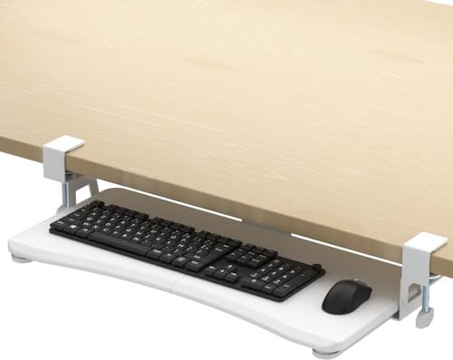 suptek Keyboard Tray Under Desk Pull Out with C-clamp Mount, Computer Keyboard & Mouse Tray, 25.6 x 11.8 Slide-Out Platform Computer Drawer for Home & Office, White, DSF1W