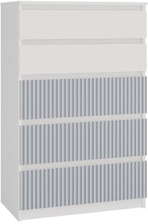 VBChome Kommode 70 x 40 x 110 cm Weiß - Blau Kommode mit 5 Schubladen für das Schlafzimmer Grifflose Zimmer Kinderzimmer Modern Stilvoll Weiß - DREI Blau Fronten mit Motiv Gedrucktes Muster