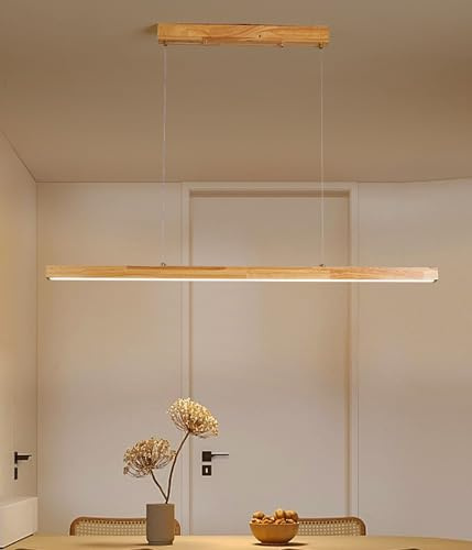 DDYY LED Pendelleuchte Holz Dimmbar Hängeleuchte Esstisch mit Fernbedienung Pendellampe Höhenverstellbar Moderne Linear Design Wohnzimmerlampe Hängend für Büro Esszimmer Küche Hängelampe 120cm