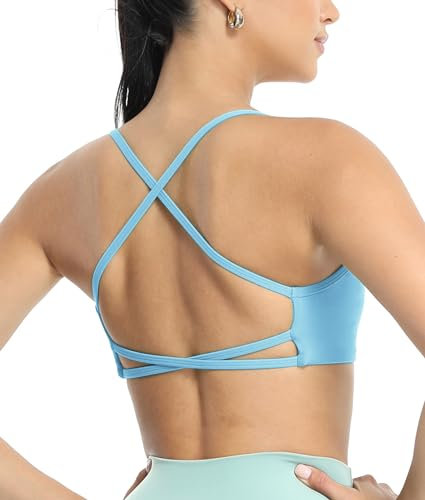 icyzone Damen Sport-BH Gepolstert Spaghettiträger Yoga BH Gekreuzt Rücken Gym Fitness Bra (Baby Blue, M)