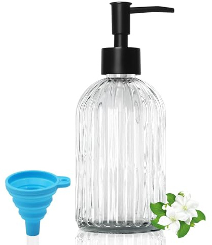 GKSCXEXE 400ml Clear Glass Soap Dispenser with Plastic Pump & Funnel, Refillable Hand Wash Pump Bottle Dispenser, Bathroom Kitchen Soap Dispenser for Liquid Hand Soap, Dish Soap, Lotions, Shampoo