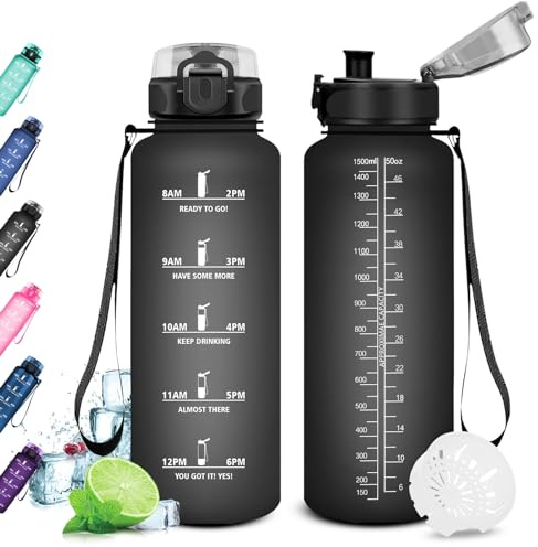 KollyKolla Gourde 1.5L, Gourde Sport, Bouteille Gym, Étanche & Réutilisable, Bouteille d'eau avec Marqueur de Temps, Gourdes Graduée pour 1 Journee, sans BPA, l'école, Voyage, Camping, Randonnée