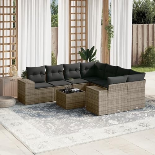 Gecheer Set 9 pz,Divani,ad Angolo,da Giardino,per Esterno,Patio,8 Posti,in Polyrattan,Grigio,con Tavolino Piano Vetro,Salotto da Giardino,Salotto da Esterno,Divano Modulare,Divano Componibile