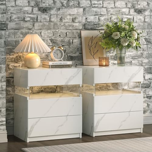 Cubehom Lot de 2 tables de chevet modernes avec tiroir - Avec lumière LED - Pour chambre à coucher, salon - Blanc marbré