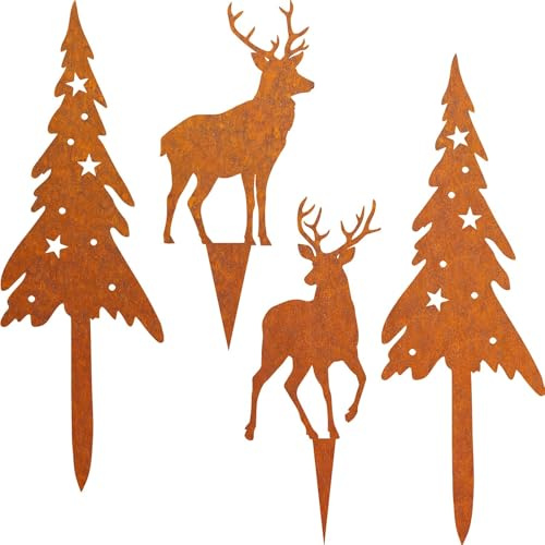 Roststecker Tannenbaum und Elch weihnachtsdeko, 4er Set Metall Rost Deko Weihnachtsbaum Gartenstecker, Herbstdeko Roststecker Weihnachtsdeko für Draußen (Groß 4er Set Tannenbaum und Elch)