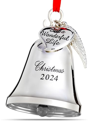 Klikel Weihnachtsglocke Ornament 2024 - It's A Wonderful Life Bell - Silber - Weihnachtsbaumschmuck - Glocke mit Flügelanhänger und Gravur 'Weihnachten 2024' und 'It's A Wonderful Life'