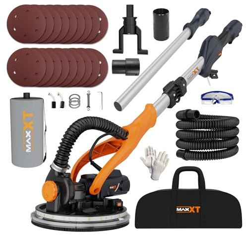 MAXXT Drywall Sander with Vacuum Dust Collection, 6 Variable Speed Foldable Telescopic Electric Wall Sander, Popcorn Ceiling Removal Tool, 1900RPM Power Sander Tool, LED Light, 18Pcs Sanding Discs