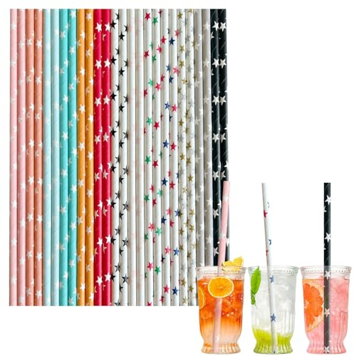 COSORO 100pcs Paper Straws Biodegradable Disposable Straws,Star Colored Paper Drinking Straws Juice Coffee Cold Cocktail Straws for Birthday Wedding Bridal/Baby Shower Party Straws Drink Accessories