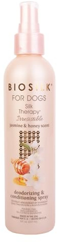 BioSilk for Dogs Silk Therapy Irresistible Deodorizing and Conditioning Spray, Jasmine and Honey Scent, Hydrolyzed Silk Proteins, Paraben Free, pH Balanced for Dogs, Safe 8 Weeks+, 8 fl oz