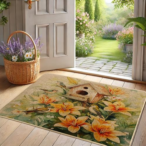 Fußmatte mit Frühlingsblumen, gelbe Lilie und Vogel-Design, für drinnen und draußen, Vintage-Dekor, rutschfest, Gummi, wasserabweisend, leicht zu reinigen, 73 x 43 cm