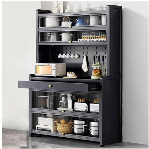 Hoher Küchenschrank mit Mikrowellenständer und Schublade, freistehender Stall auf Rädern, schwarz, 80 x 172 cm